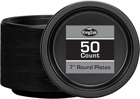 Hanna K. Signature Black Plastic Party Plates – 7-Inch Heavy Duty Disposable Plates, 50 Count, Party Supplies for Appetizers, Cake & Dessert