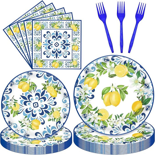 100 Pcs Lemon Tableware Party Supplies – Citrus Theme Blue Tile Disposable Plates, Napkins, and Blue Forks for Summer Parties, Picnics, BBQ, Brunch, Weddings, Birthdays, and Baby Showers – Serves 25