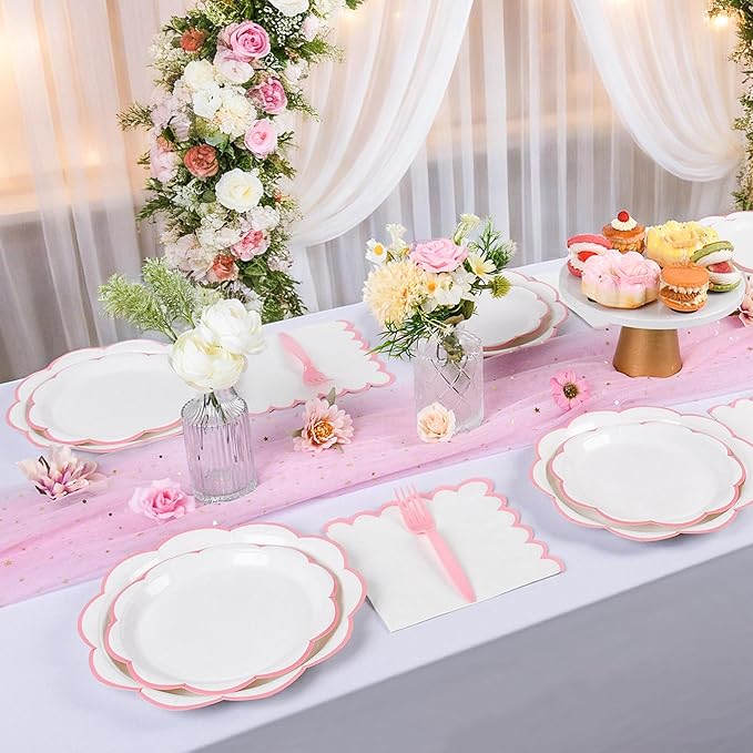 96 Pcs Pink and White Paper Plates and Napkins Set, Tableware set for 24 Guest include White Dessert Plates with Pink Scalloped Edge, Napkins and Forks for Baby Girl Shower, Bridal Shower, Wedding