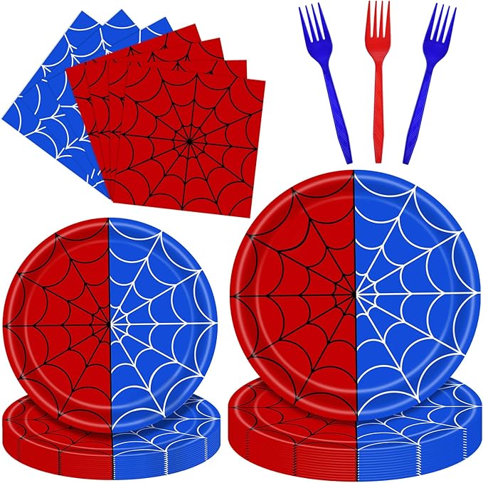 100 Pcs Spider Web Tableware Party Supplies – Disposable Red and Blue Web Paper Plates, Napkins, and Forks for Birthdays, Kids Parties, and Comic Theme Celebrations – Serves 25