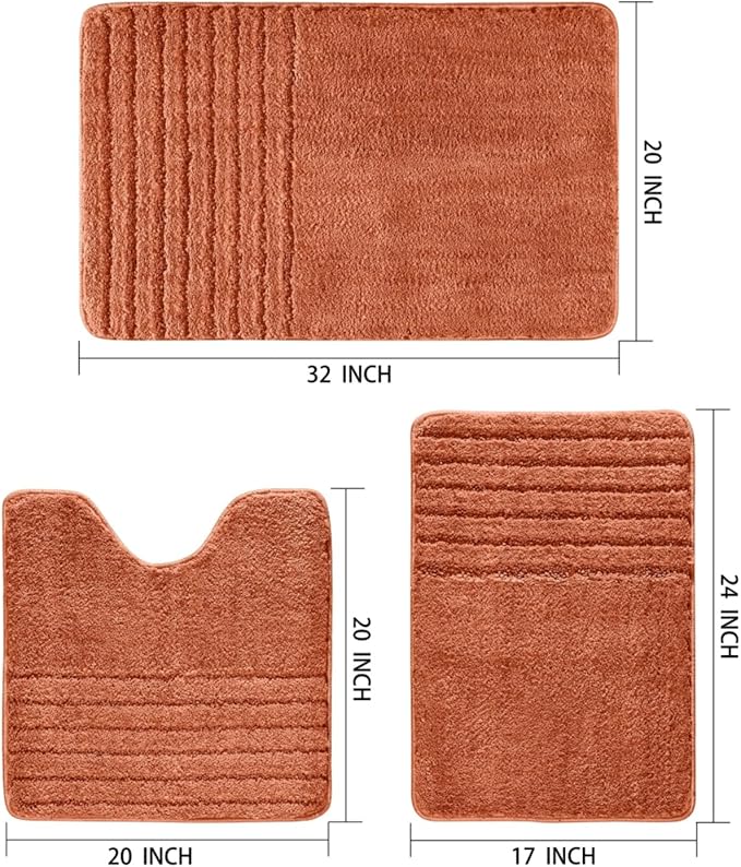 Bath Rugs Set 3 Pieces Bathroom Mat Soft Absorbent Plush Shaggy Soft Floor Non Slip Shower Bath Tub Machine Washable (Spice-Strip, 20"x32"/20"x20"/17"x24")