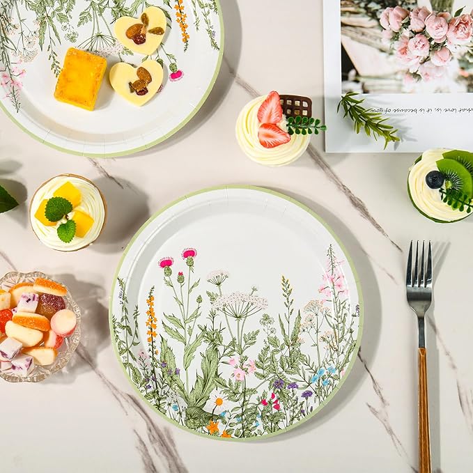 AimFun Wildflower Party Plates 9" Floral Paper Plates Botanical Green Leaves Herbs Disposable Party Supplies Spring Summer Vintage Garden Decorative Dinner Plates (48, Vintage Botanical)