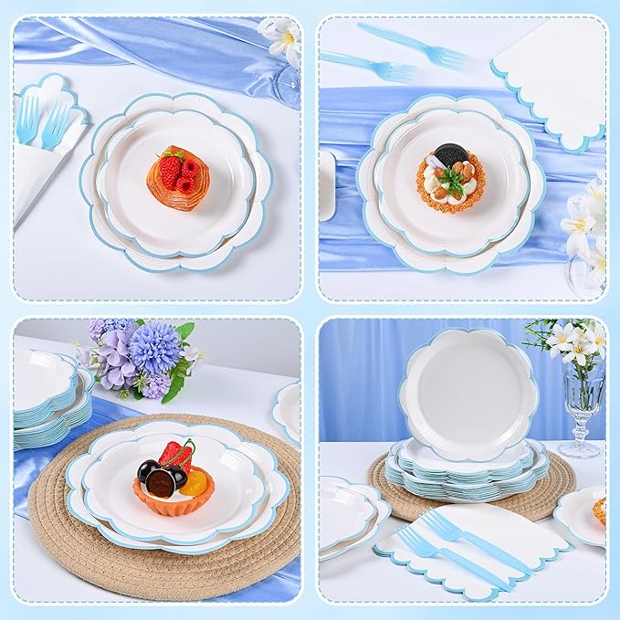 96 Pcs Light Blue and White Paper Plates and Napkins Set, Tableware set for 24 Guest include White Dessert Plates with baby Blue Scalloped Edge, Napkins and Forks for Baby Boy Shower,Wedding