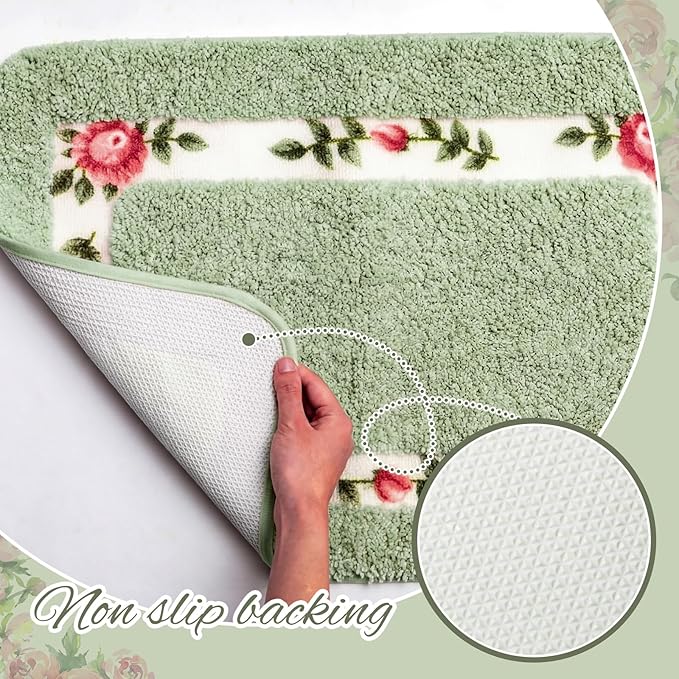 Drydiet 3 Pcs Rose Flowers Bathroom Rugs Set Coquette Room Decor Floral Carpet for Bathroom Bedroom Living Room, Floral Bath Mat Non Skid Romantic Rose Flower Area Rugs 3 Shapes (Green,Large)