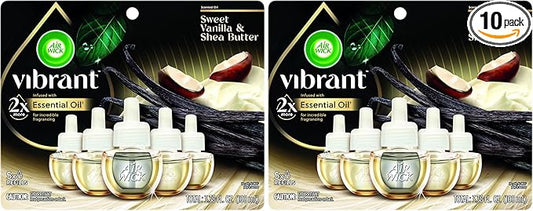 Air Wick Vibrant Plug In Scented Oil Refill,Infused with Essential Oils,Plug In Air Fresheners for Home,Sweet Vanilla & Shea Butter,(Pack of 10)