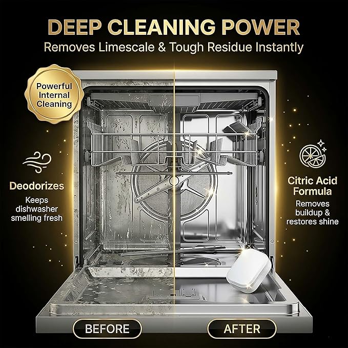 Dishwasher Cleaner and Deodorizer XL Tablets – Heavy-Duty Descaler & Odor Remover for Hard Water, Removes Spots & Residue, Enhance Drying & Shine, 12 Pack (1 Year Supply)