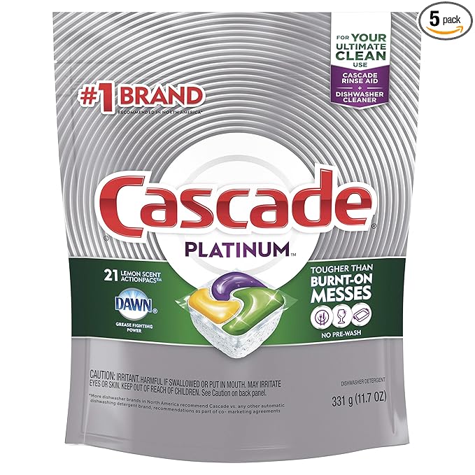 Cascade Platinum ActionPacs Dishwasher Detergent Lemon Scent, 21 ct (Pack of 5)