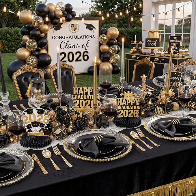 KIRE 60PCS Black Plastic Plates - Black Disposable Plates with Gold Rim - Include 30Pcs 10.25inch for Dinner and 30Pcs 7.5inch for Dessert for Wedding/Graduation/Party/Father's Day