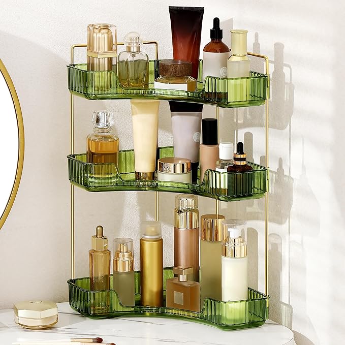 Corner Bathroom Counter Organizer Bathroom Countertop Shelf Makeup Organizer for Vanity Perfume Tray for Corner Storage (3 Tiers, Green)