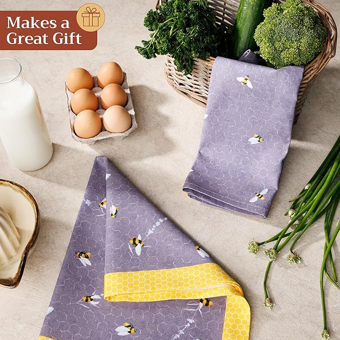 Maison d'Hermine Kitchen Towels Set of 2 100% Cotton 27.50" x 20" Reusable Cloth Tea Dish Towels Absorbent with Hanging Loop for Kitchen, Home, Dining, Cocktail Parties (Bees are Buzzing)