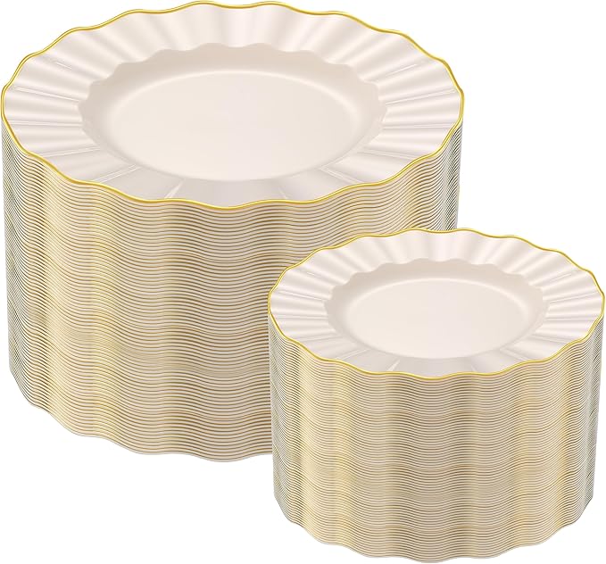 102Pcs Ivory White Plastic Plates with Gold Trim, Heavy Duty Wedding Plates, Elegant Disposable Plate Sets include 51 Dinner & 51 Dessert Plates for Party & Wedding(51 Guests)