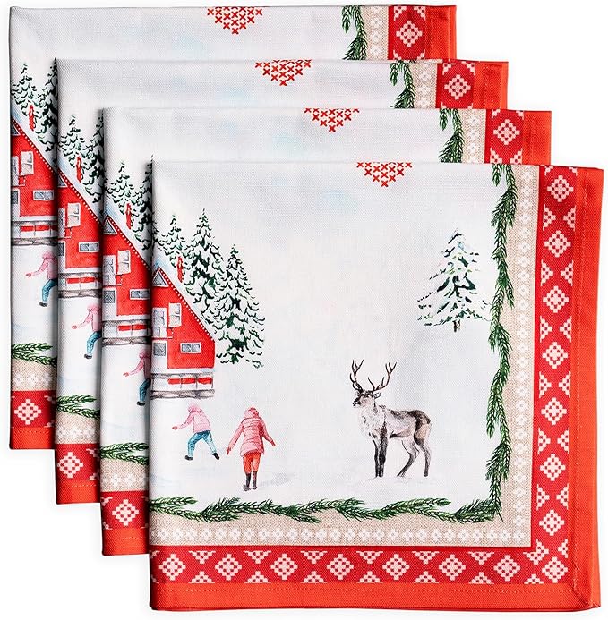 Maison d' Hermine Cloth Napkins Set of 4 100% Cotton for Thanksgiving Christmas Decorations Everyday Reusable Square Fall Napkins Cloth Washable Dinner Party (Rural Christmas, 20"x20")