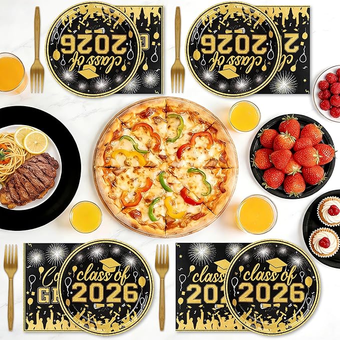 75 Pcs Graduation Plates and Napkins Party Supplies Set,Serves 25 Guests Black Gold 2026 Graduation Plates and Napkins,Disposable Paper Tableware Set for Graduation Party Decorations