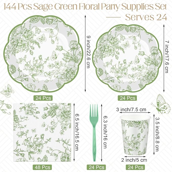Kochorie 144 Pieces Sage Green Floral Paper Plates and Napkins Party Supplies Sage Green and White Flower Tableware Set Include Vintage Scalloped Plate Napkin Cups Forks for Wedding Birthday Tea Party