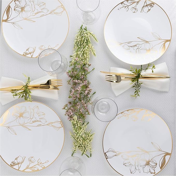 [9'' Plates 10 Count] White Plastic Floral Design Party Dinner Plates With Gold Rim Premium heavyweight Elegant Disposable Tableware Dishes