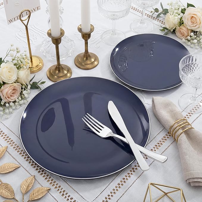 KIRE 200PCS Blue Plastic Plates with Silver Rim - Navy Blue Plastic Plates Include 100 Dinner & Dessert Plate - Heavy Duty Dark Blue Disposable Plate for Graduation/Parties/Memorial Day/Father's Day
