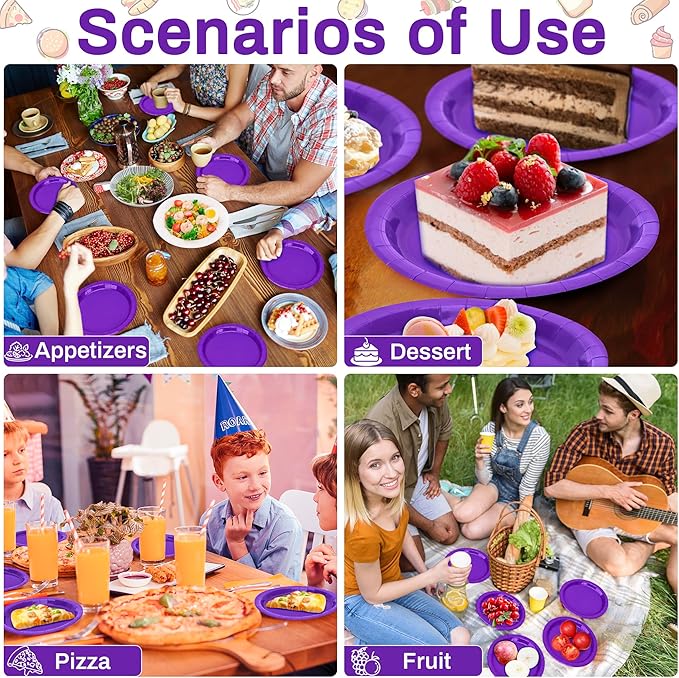 QZYL Paper Plates 7 Inches 50 Count, Disposable Plates Heavy Duty, Purple Party Dessert Plates, Disposable Paper Dinnerware, Small Paper Plates for Birthday Halloween Graduation Bridal Party Supplies