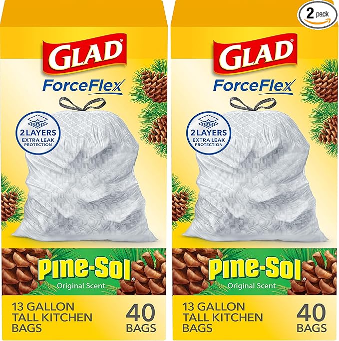 Glad ForceFlex Tall Kitchen Drawstring Trash Bags, 13 Gal, Pine-Sol Original, 40 Count (Pack of 2)