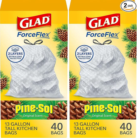 Glad ForceFlex Tall Kitchen Drawstring Trash Bags, 13 Gal, Pine-Sol Original, 40 Count (Pack of 2)