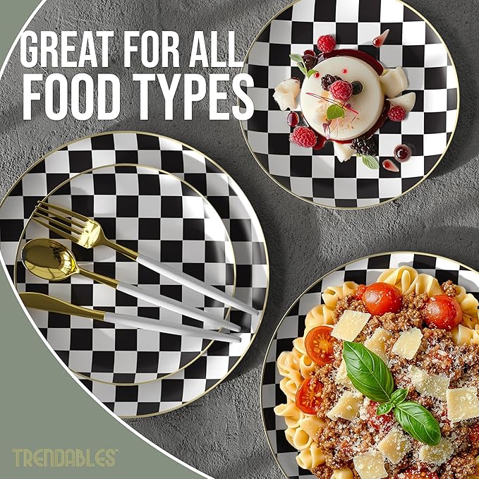 Trendables Checkered Paper Plates with Gold Rim | 200 Pcs Black and White Checkered Plates for Party - 100 x 8 & 100 x 10 | Race Car Party Decorations