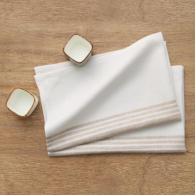Solino Home Natural and White Linen Kitchen Towels Set of 2-100% Pure Linen 17 x 26 Inch Farmhouse Tea Towels with Hanging Loop - European Flax Kitchen Dish Cloth - Quick Dry & Machine Washable