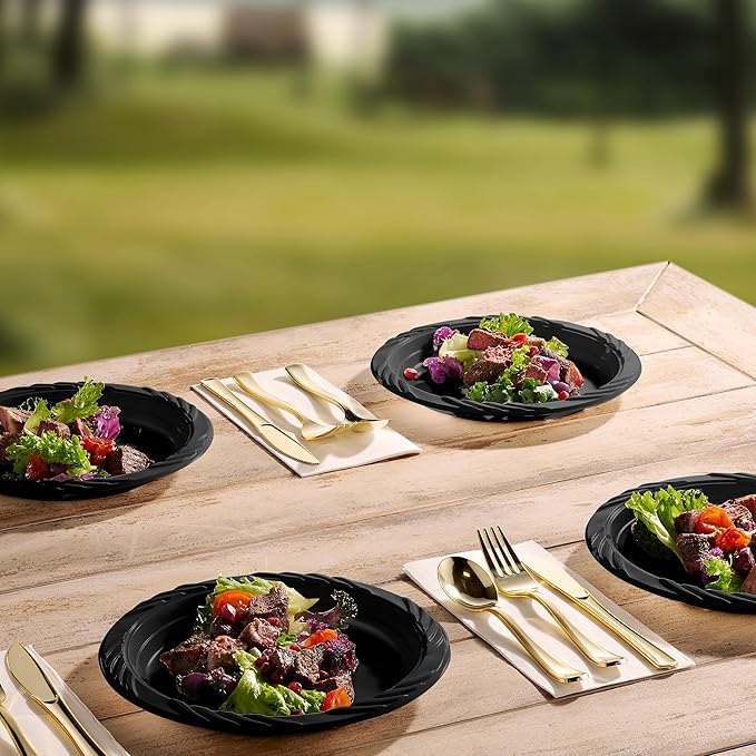 Munfix 200 Black Plastic Plates Set - 9 Inch Disposable Dinner Plates Bulk Pack for Party BBQ, Picnic, Parties, Travel and Events, Microwavable Recyclable