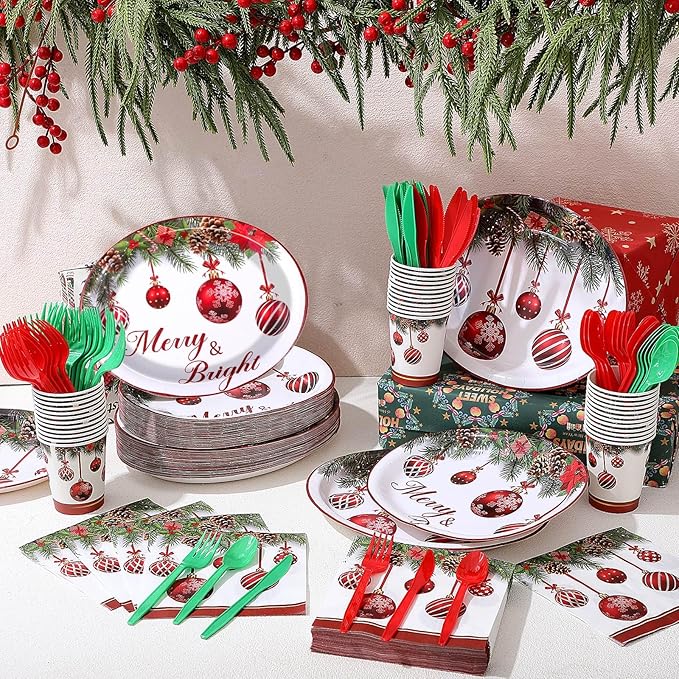 Havawish 350 Pcs Christmas Party Supplies Red Christmas Ball Disposable Tableware Set Oval Paper Plates Cups Napkins Fork Knife Spoon Dinnerware for Winter Xmas Holiday Party Table Decorations