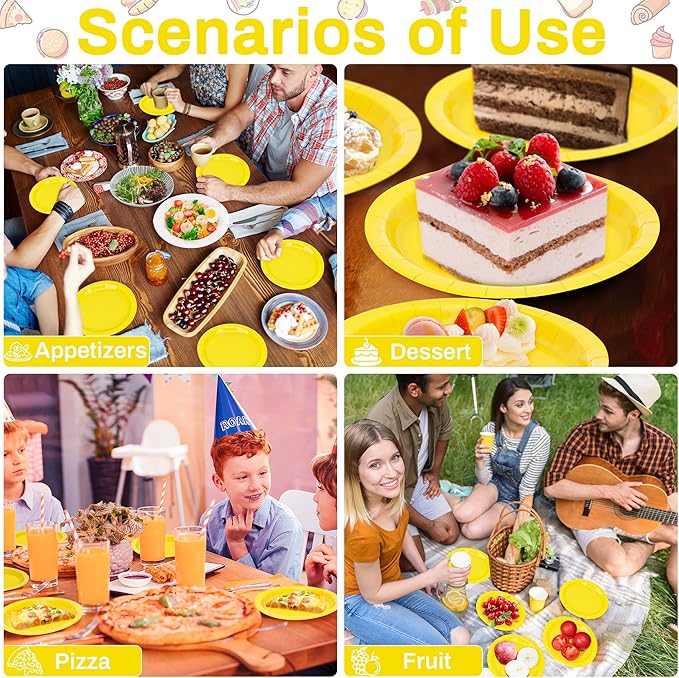 QZYL 50 Pieces Small Paper Plates, 7 Inches Yellow Dessert Dinnerware, Elegant Disposable Tableware Set, Paper Plates Heavy Duty, Party Supplies for Birthday Parties BBQs Picnics Events Gatherings