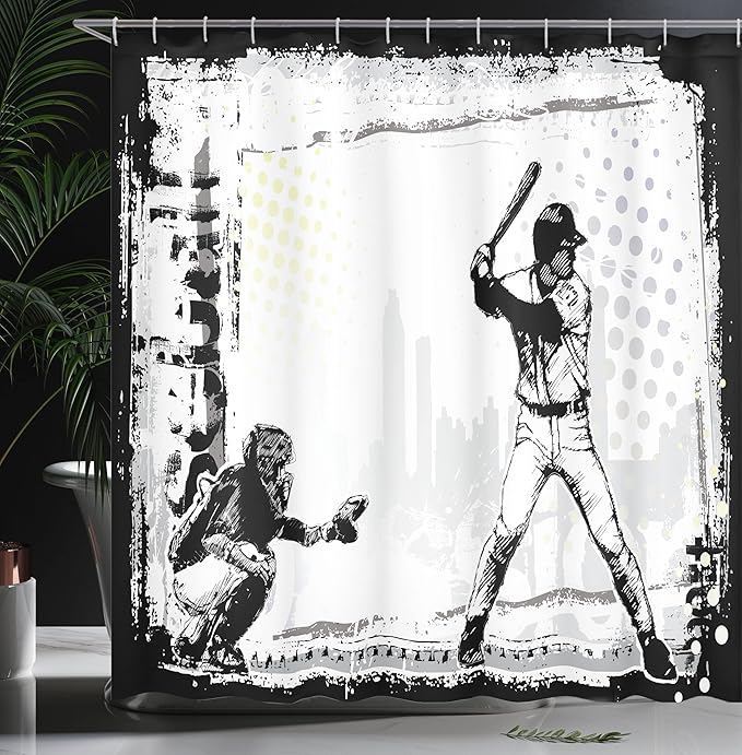 Ambesonne Sports Shower Curtain, Baseball Themed American Sport Team Rustic Design Silhouette Illustration Print, Cloth Fabric Bathroom Decor Set with Hooks, 69" W x 84" L, White Black