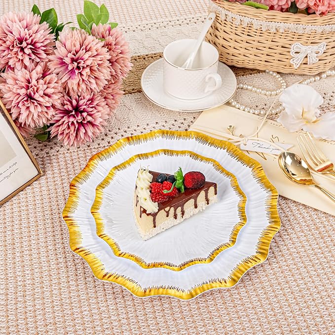 DaYammi 60Pcs White Plastic Plates with Gold Rim,Gold Disposable Plates - Heavy duty Plastic Plates Include 30 Dessert Plate,30 Dinner Plate,White gold Scalloped plates for Party Wedding
