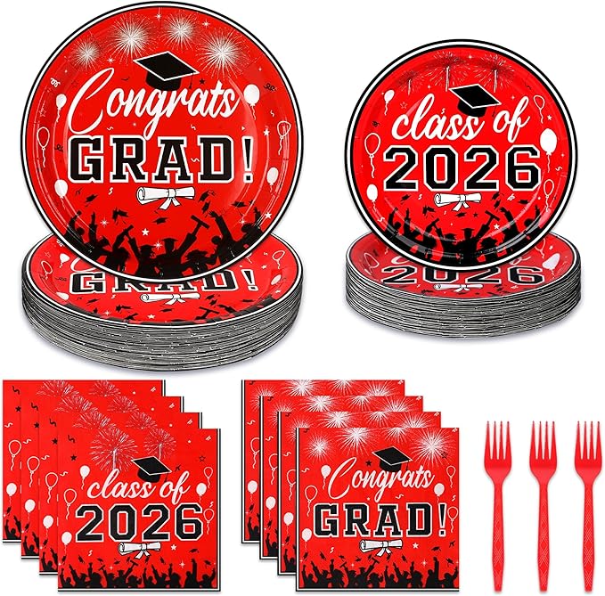 100 Pcs Graduation Plates and Napkins, 2026 Red Black Graduation Disposable Plates and Napkins Party Supplies Set Serves 25, Red Black Disposable Dinnerware Set for 2026 Decorations Grad Party