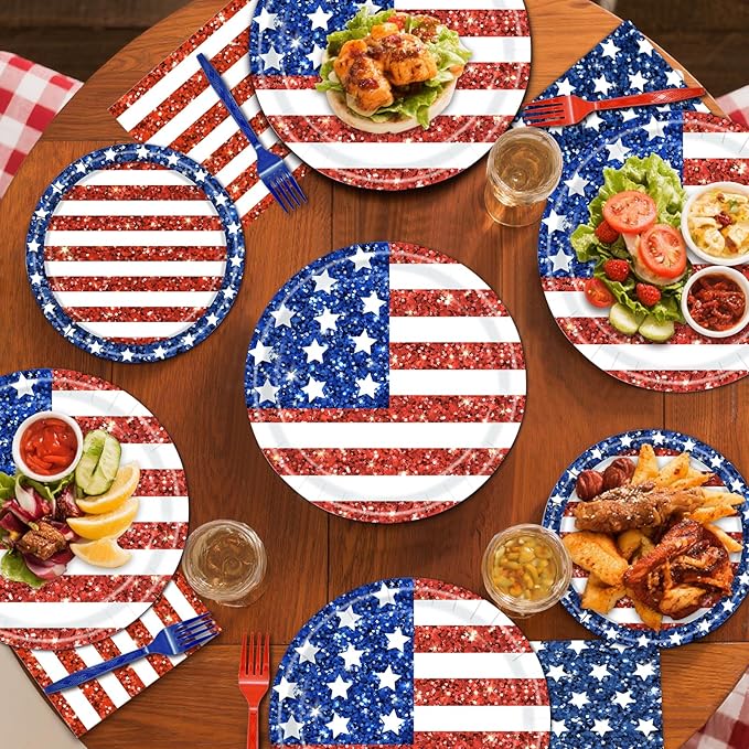 96 Pieces American Flag Patriotic Plates and Napkins Tableware Set - 4th of July Disposable Paper Plates, Napkins and Forks for Independence Day Memorial Day Veterans Day Party Decorations