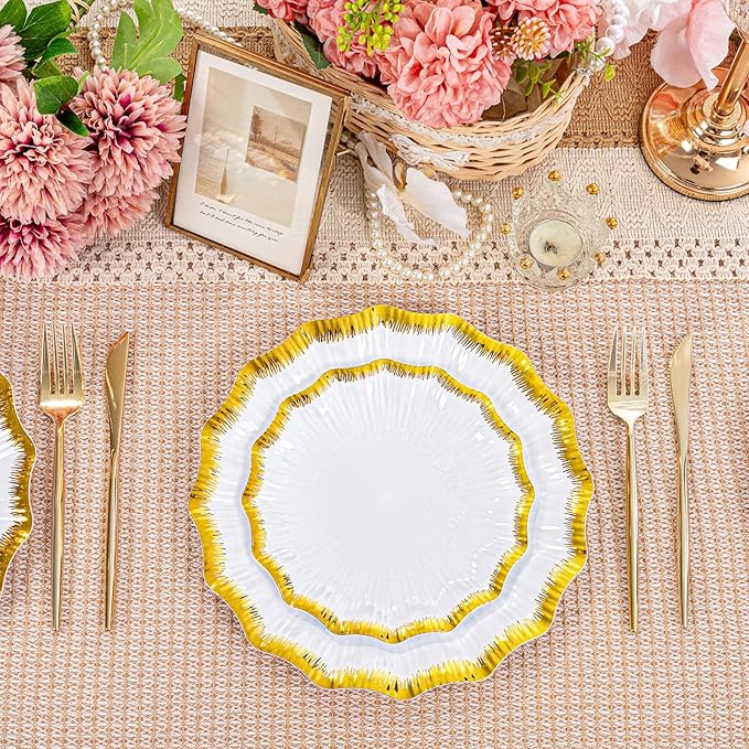 DaYammi 60Pcs White Plastic Plates with Gold Rim,Gold Disposable Plates - Heavy duty Plastic Plates Include 30 Dessert Plate,30 Dinner Plate,White gold Scalloped plates for Party Wedding