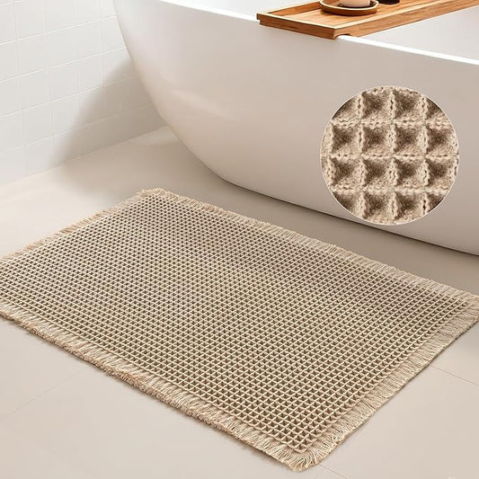 DWCN Brown Waffle Bathroom Mat, Boho Bath Rugs Super Absorbent Non Slip Bath Mats for Bathroom Floor, Ultra Soft Farmhouse Shower Mats for Tub and Shower, 20 x 32 Inch
