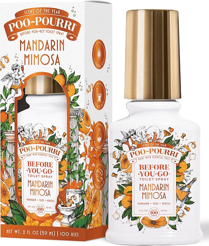 Poo-Pourri Before-You-Go Toilet Spray, Mandarin Mimosa, 2 Fl Oz, Up to 100 Uses, Bathroom Odor Deodorizer with Essential Oils for Home or Work, Travel Essentials, TSA Approved Size