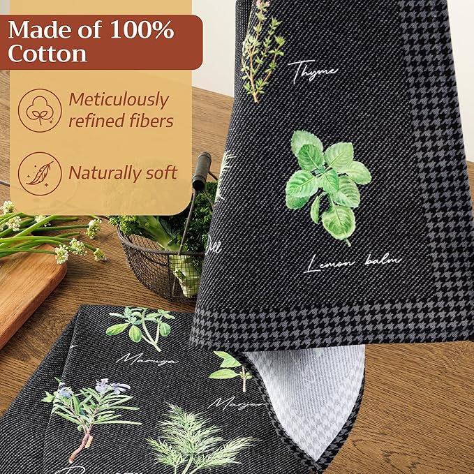 Maison d'Hermine Kitchen Towels Set of 2 100% Cotton 27.50" x 20" Reusable Cloth Tea Dish Towels Absorbent with Hanging Loop for Kitchen, Home, Dining, Cocktail Parties (Fresh Herbs)