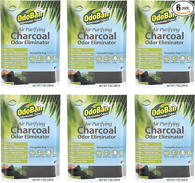 OdoBan Air Purifying Charcoal Natural Odor Eliminator, Non-Toxic Formula, Made in the USA, Fragrance Free, 6-Pack, 200 Grams Each