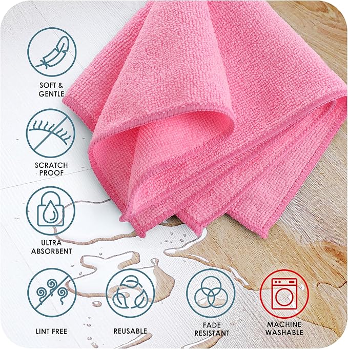 Hearth & Harbor Microfiber Cleaning Cloth, Towels for Cars 144 Pack Washcloths, Pink Rags, Reusable Towel, Cloth Rags Cleaning, Lint Free 12''x12''