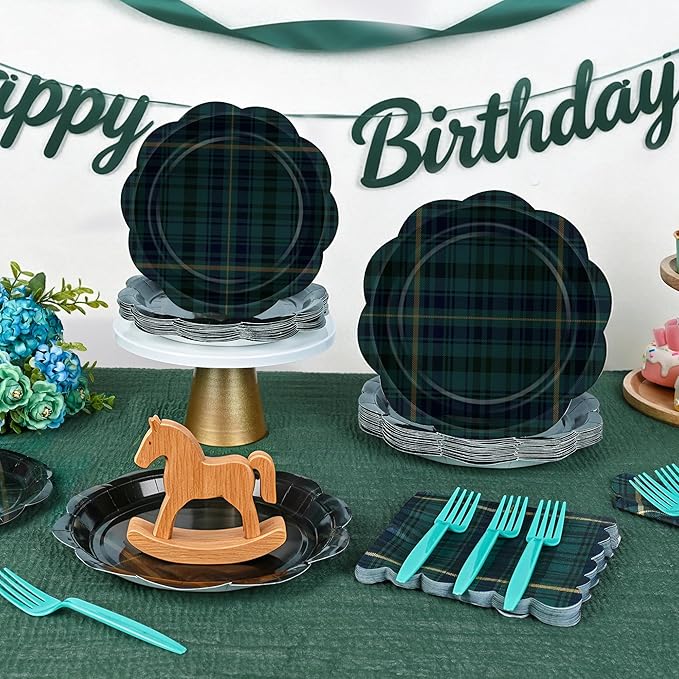 96 Pcs Tartan Plaid Baby Shower Plates and Napkins Set, Blue Green Baby Shower Party Supplies for 24 Guests include Disposable Green Tartan Scalloped Plates, Napkins and Forks for Baby Shower Wedding