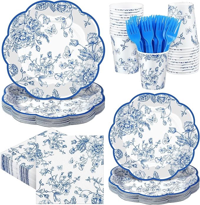 Kochorie 144 Pieces Blue Floral Paper Plates and Napkins Party Supplies, Blue and White Flower Tableware Set Include Vintage Scalloped Plates Napkins Cups Forks for Wedding Birthday Tea Party