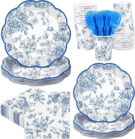 Kochorie 144 Pieces Blue Floral Paper Plates and Napkins Party Supplies, Blue and White Flower Tableware Set Include Vintage Scalloped Plates Napkins Cups Forks for Wedding Birthday Tea Party