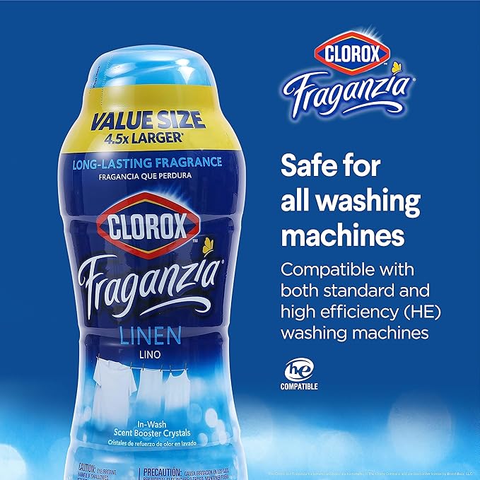 Clorox Fraganzia Laundry Scent Booster Crystals, In-Wash Fragrance Beads for Fresh-Smelling Clothes & Linens, Safe for All Fabrics & Colors, Easy-Pour Bottle, Linen Scent, 70 Oz