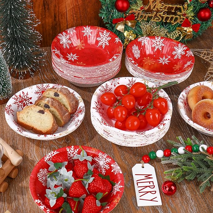 FYSUIMU 100 Pcs Winter Paper Bowls Christmas Red White Snowflake Party Snack Bowl Disposable Serving Bowls for Xmas Party Household Supplies Decor, 12 Oz