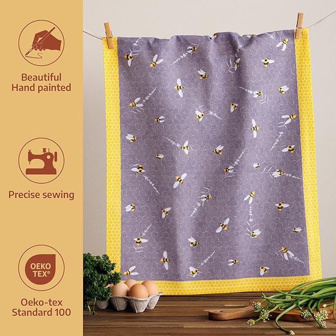 Maison d'Hermine Kitchen Towels Set of 2 100% Cotton 27.50" x 20" Reusable Cloth Tea Dish Towels Absorbent with Hanging Loop for Kitchen, Home, Dining, Cocktail Parties (Bees are Buzzing)