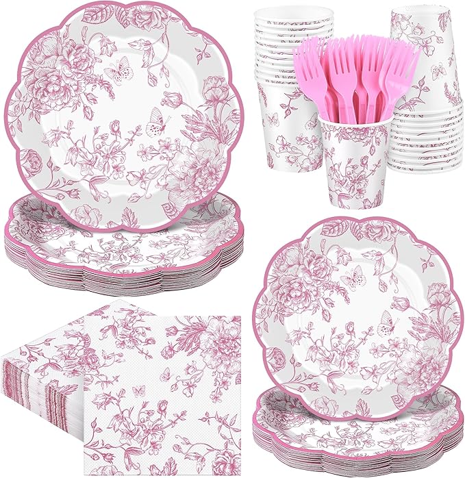 Kochorie 144 Pieces Pink Floral Paper Plates and Napkins Party Supplies, Pink and White Flower Tableware Set Include Vintage Scalloped Plates Napkins Cups Forks for Wedding Birthday Tea Party