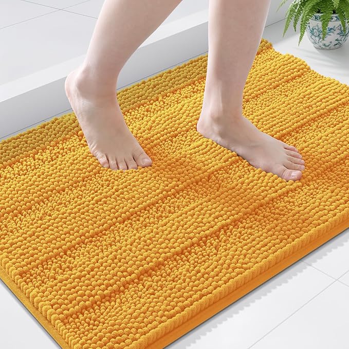 Grandaily Chenille Striped Bathroom Rugs 36x24, Extra Thick and Soft Absorbent Bath Mats, Rubber Backing, Plush Shaggy Shower Carpet, Machine Wash Dry, Bath Rug for Bathroom, Golden Yellow