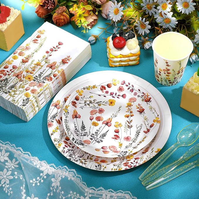 Sinmoe 400 Pcs Spring Plates and Napkins Set Paper Flower Dinnerware Disposable Party Supplies for 50 Guest Dinnerware Knife Fork Spoon for Spring Birthday Party(Classic Color,Flower)