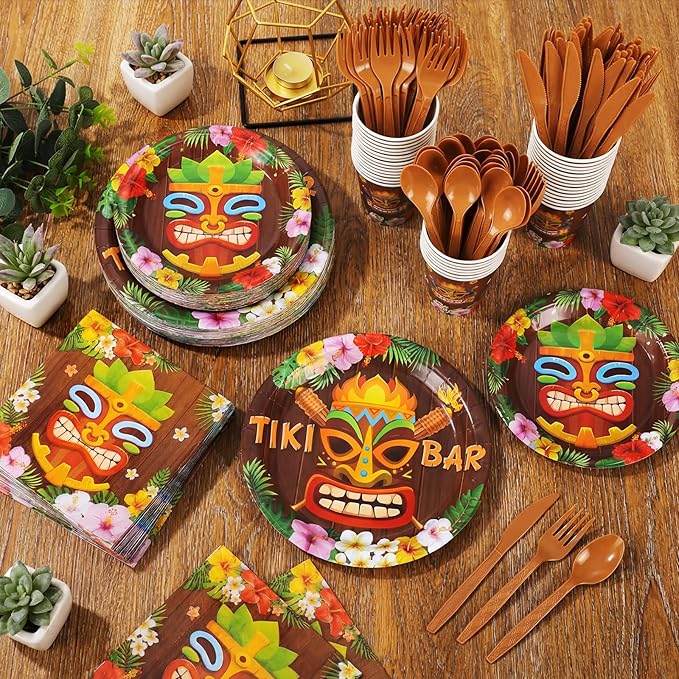 Pickmesh 400 Pcs Hawaiian Tiki Bar Party Supplies - Disposable Tiki Plates and Napkins, Cups and Cutlery Party Favor Hawaiian Luau Decorations for 50 Guests