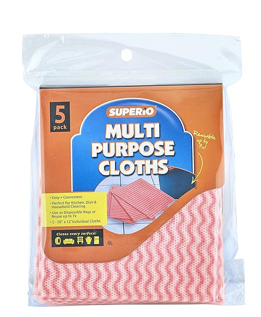 Superio Handy Wipes for Kitchen - Red Reusable Multi-Purpose Heavy-Duty Cleaning Cloth for House, Bathroom, and Office. Disposable Dish Towel (5)