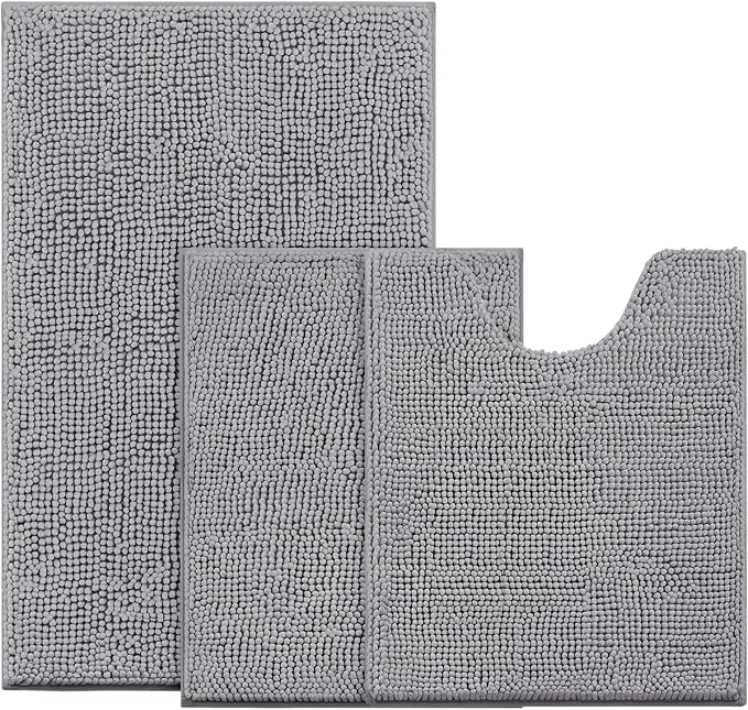 BYSURE Grey Bathroom Rugs Sets 3 Piece Non Slip Extra Absorbent Plush Chenille Soft Washable Bath Mats